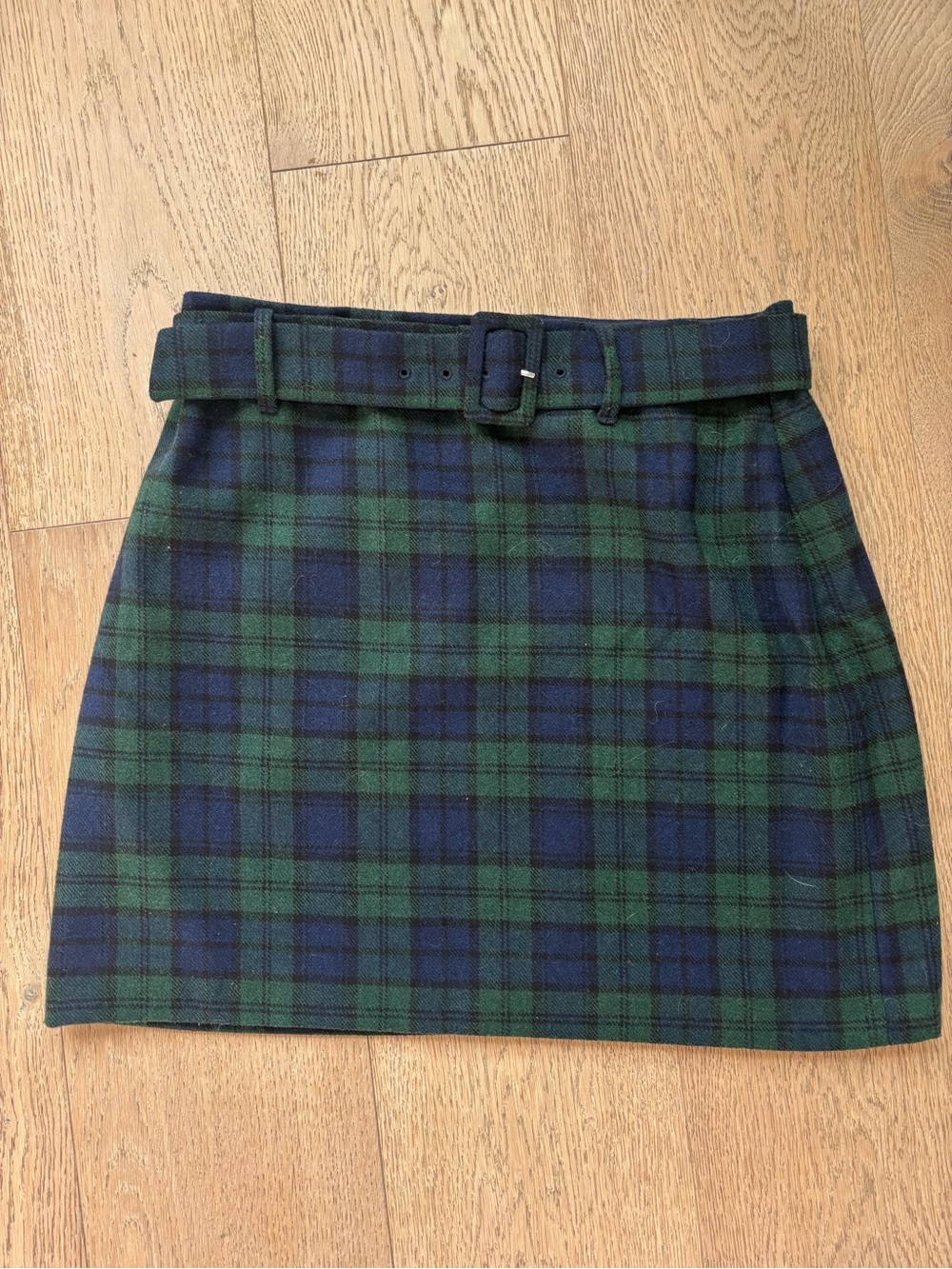 Ann Taylor LOFT Green & Navy Plaid Belted Mini Skirt